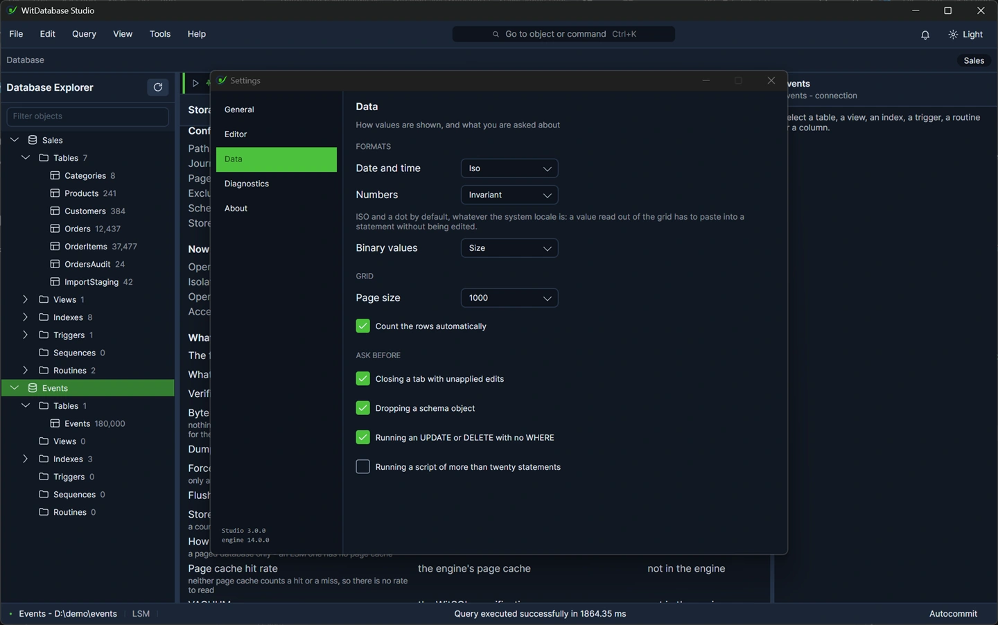 The value format settings: date and time format, number format, and how binary values are displayed.